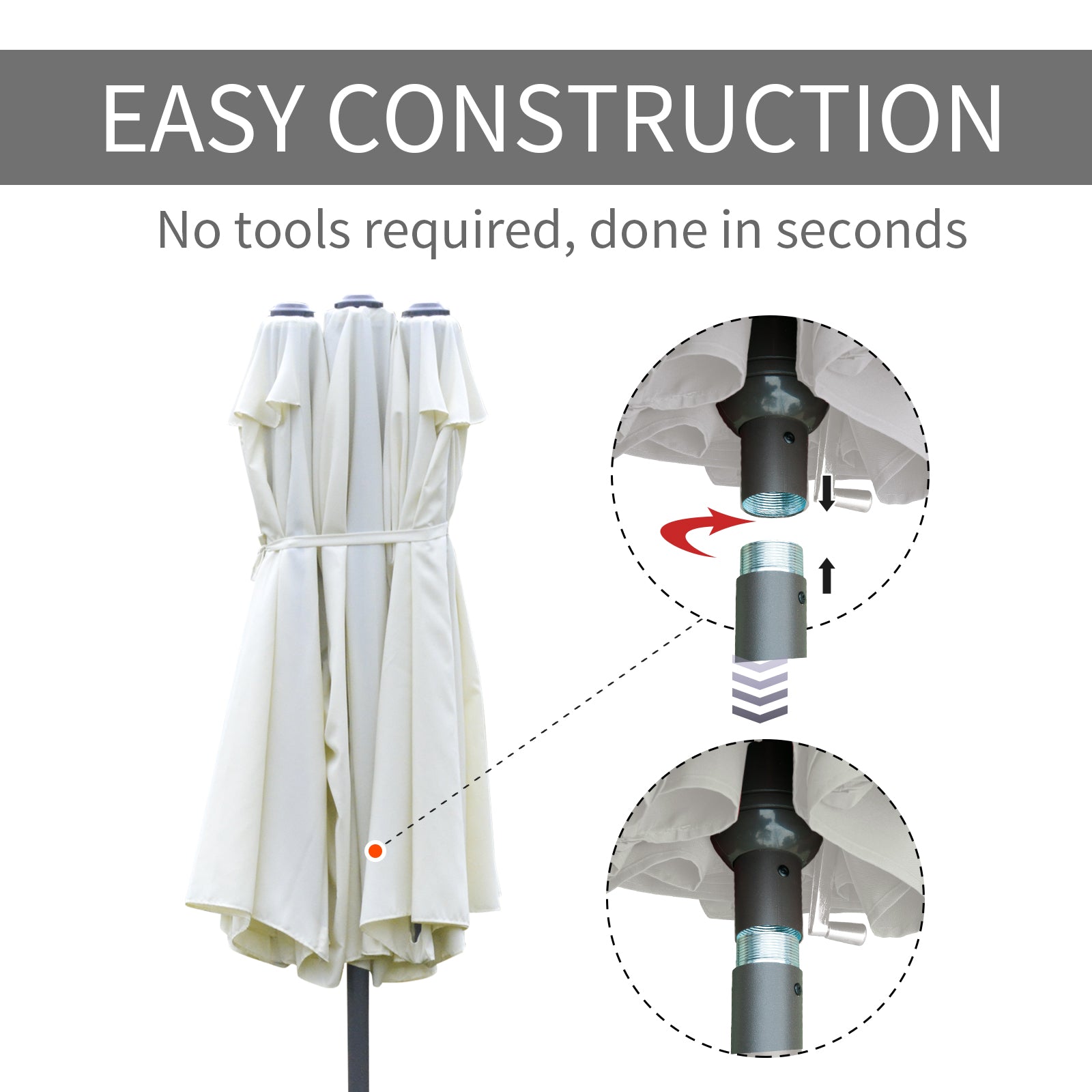 Cream patio umbrella folded with easy assembly pole connection detail