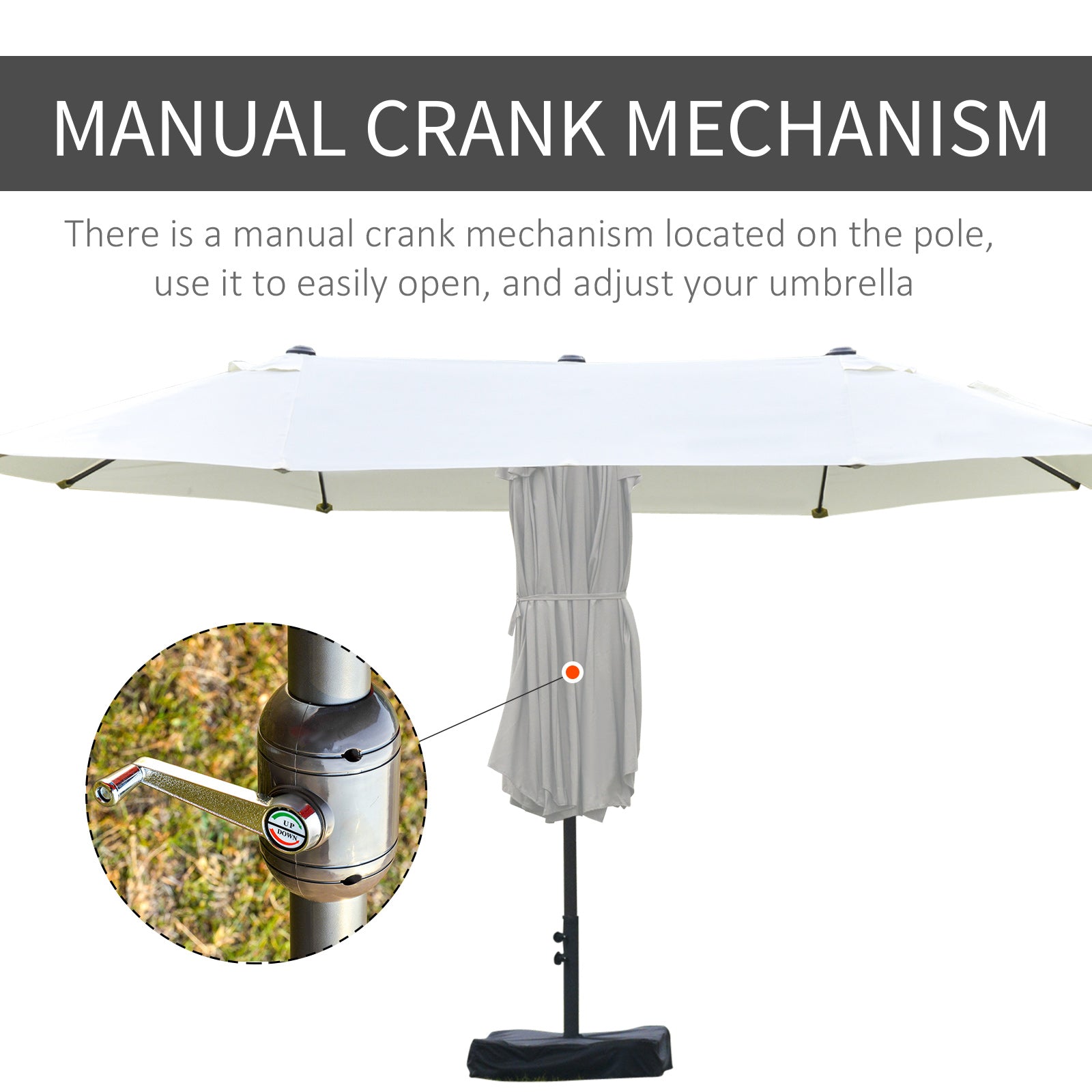 Closeup of a silver manual crank mechanism on a patio umbrella pole