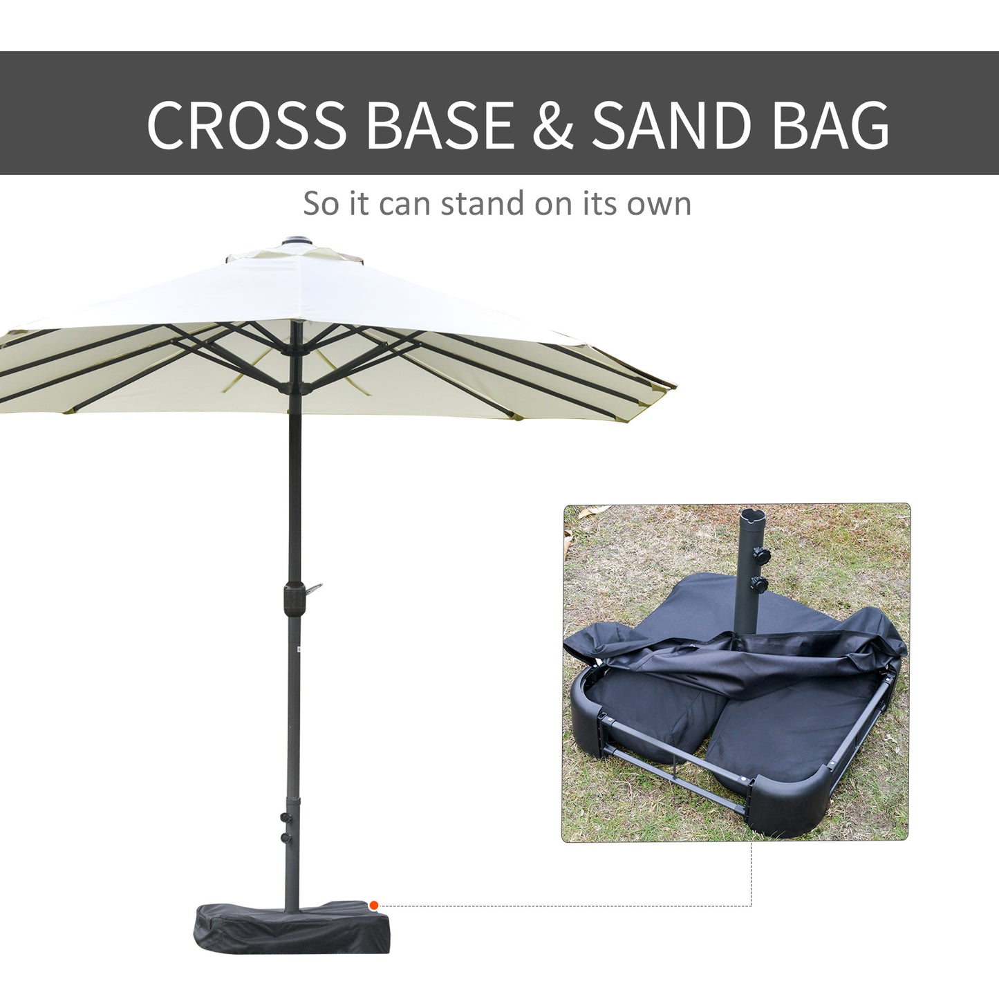Cream patio umbrella with black pole and weighted base for outdoor stability