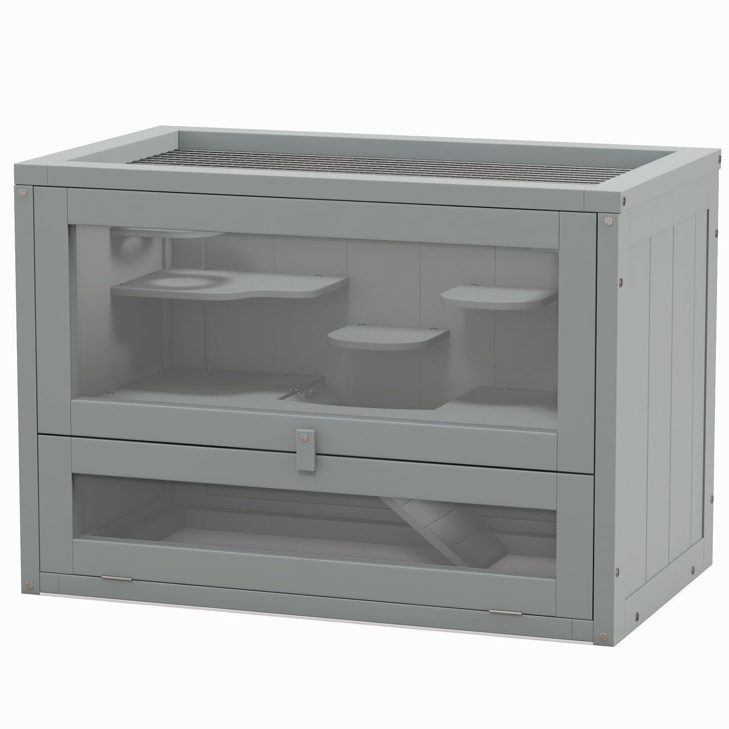 Gray wooden hamster cage with multiple levels and wire top
