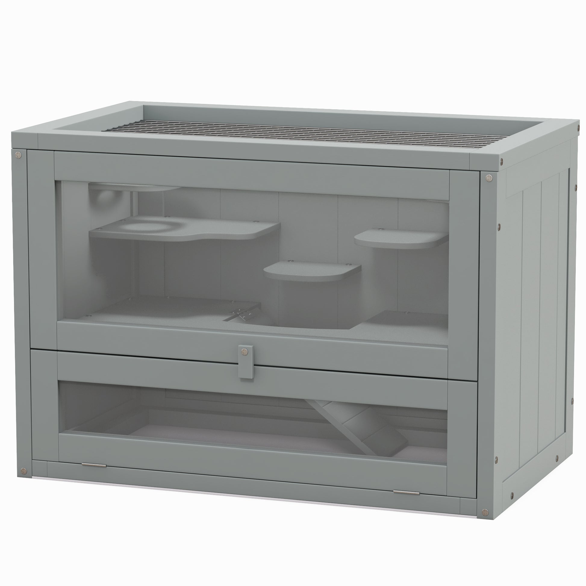 Gray wooden hamster cage with multiple levels and wire top