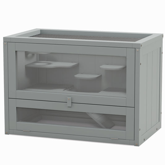 Gray wooden hamster cage with multiple levels and wire top