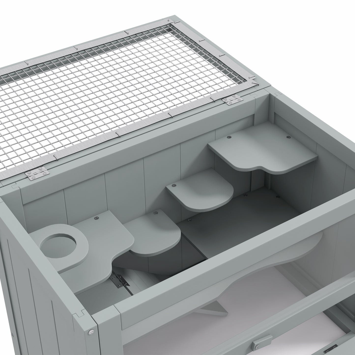 Gray wooden rabbit hutch with multiple levels and a wire mesh roof