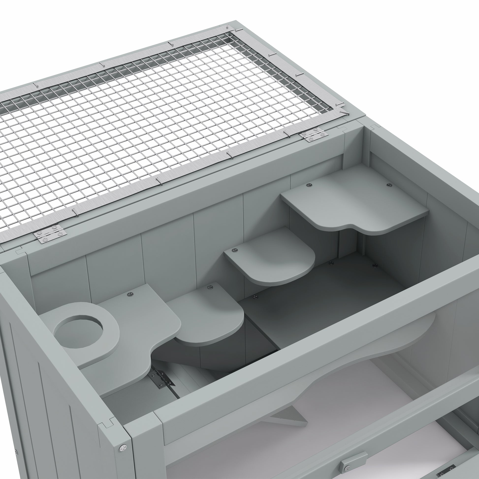Gray wooden rabbit hutch with multiple levels and a wire mesh roof