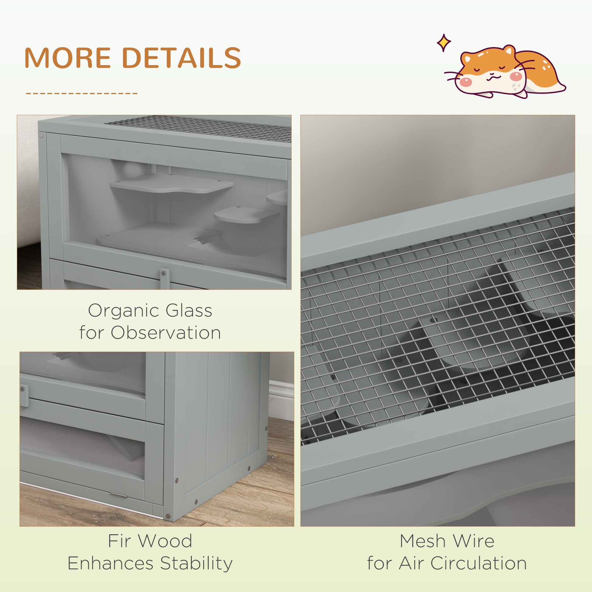 Grey hamster cage with organic glass panels for clear viewing and observation