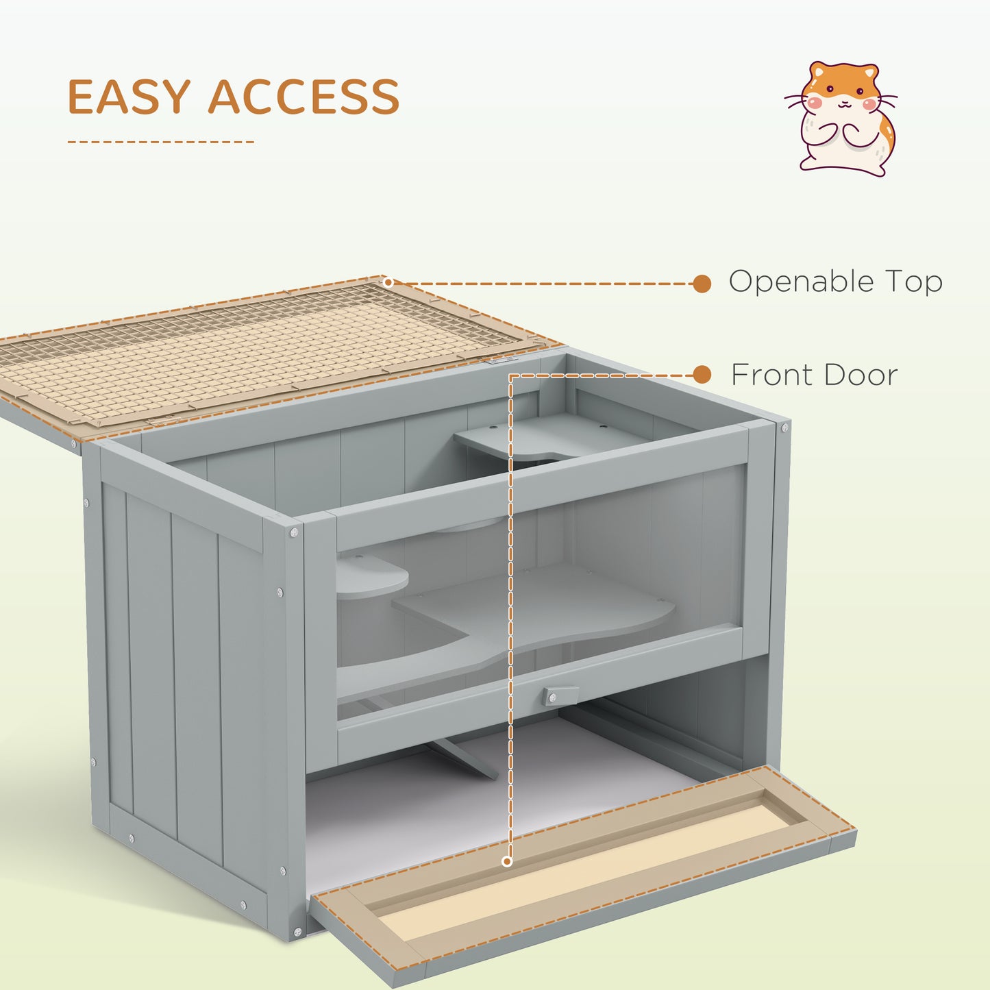 Grey wooden hamster cage with openable top and front door
