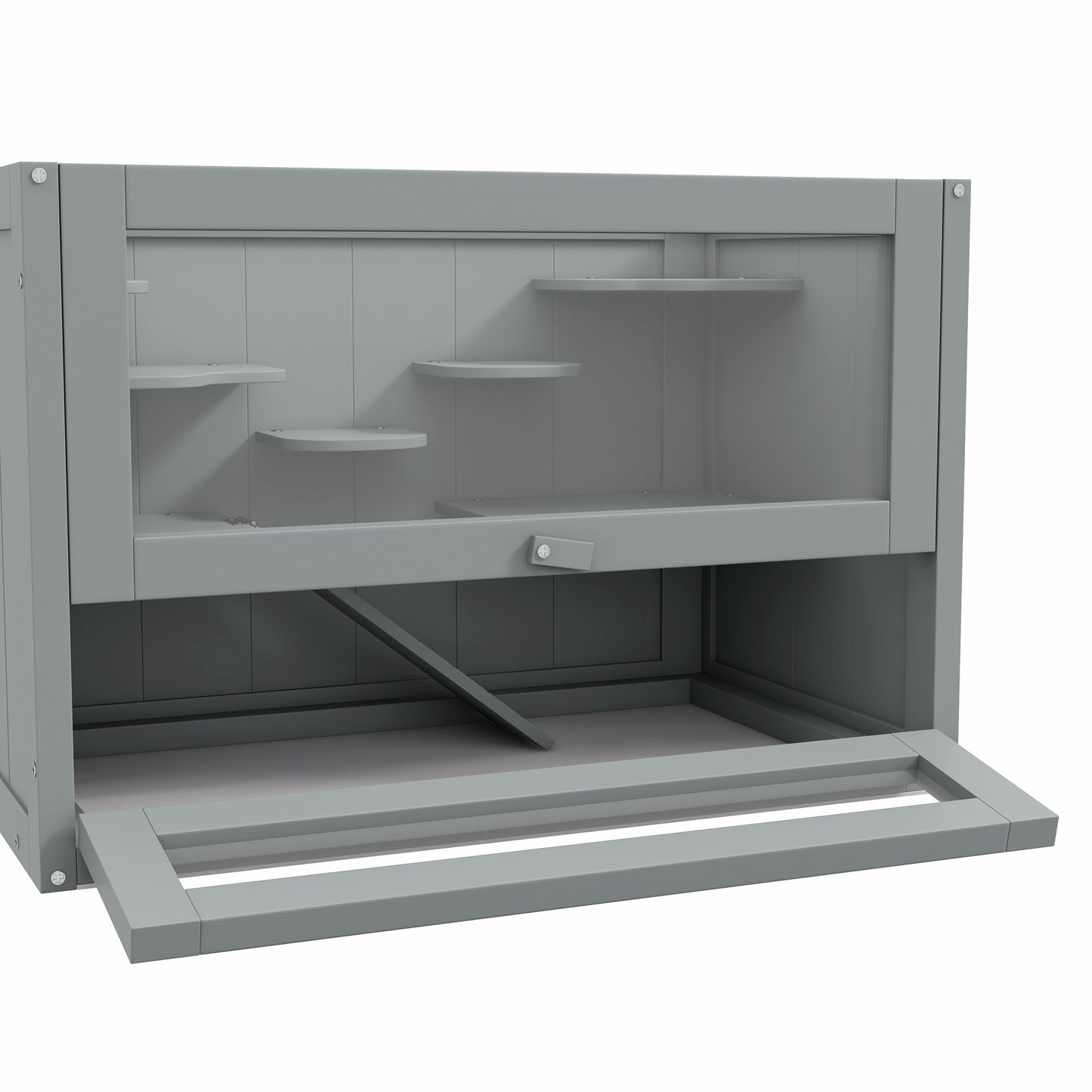 Gray wooden hamster cage with multiple levels and a slide
