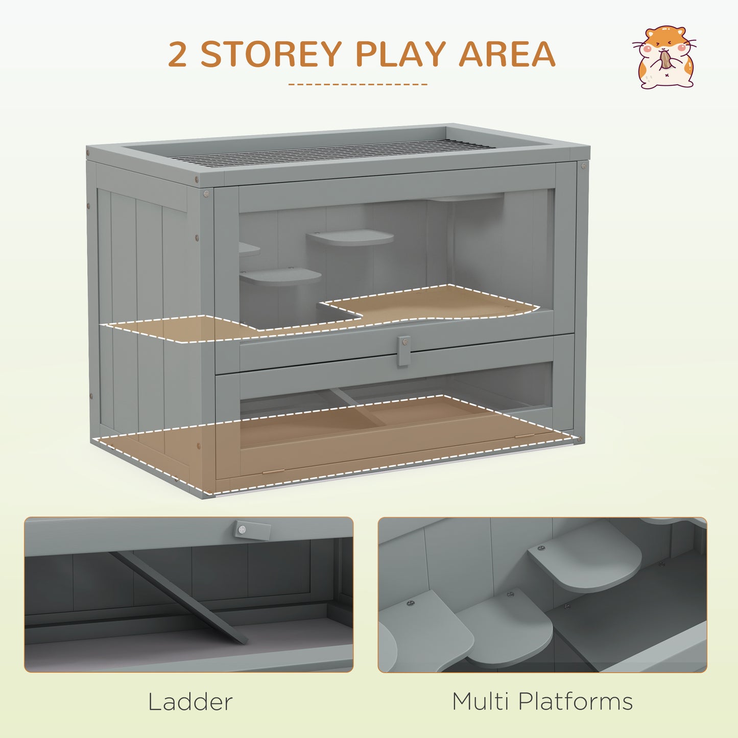 Gray twostory hamster habitat with transparent sides and multiple platforms