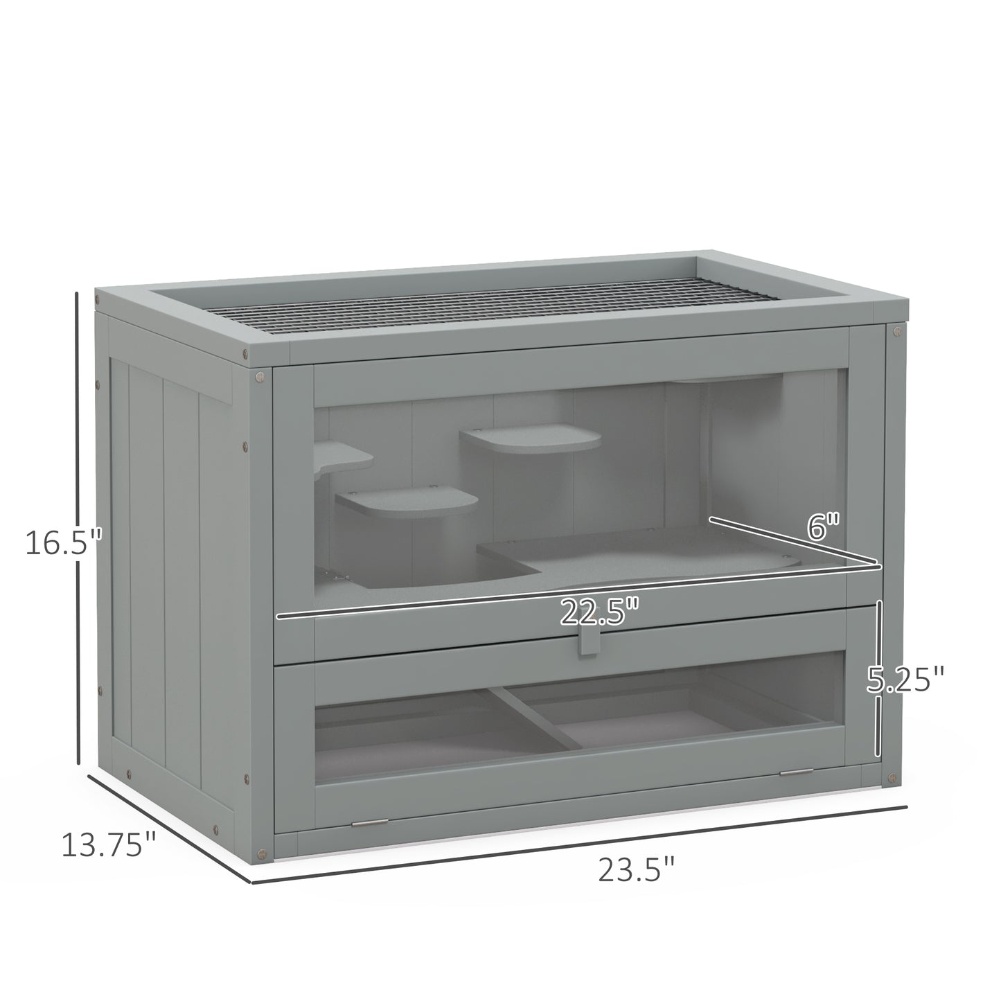 Gray wooden terrarium with mesh top and duallevel interior platform for small pets