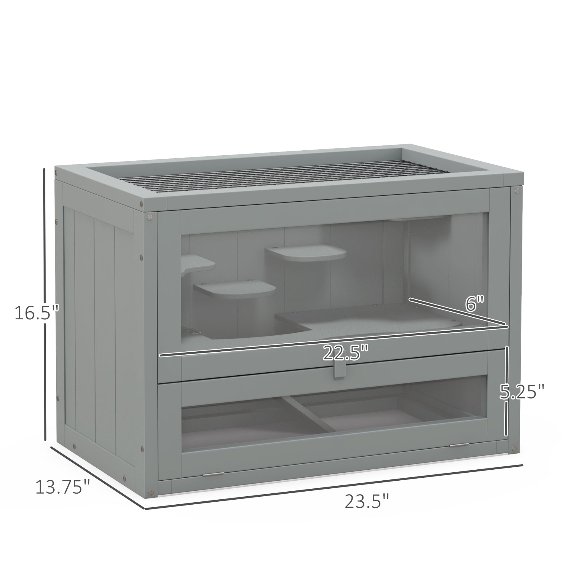Gray wooden terrarium with mesh top and duallevel interior platform for small pets