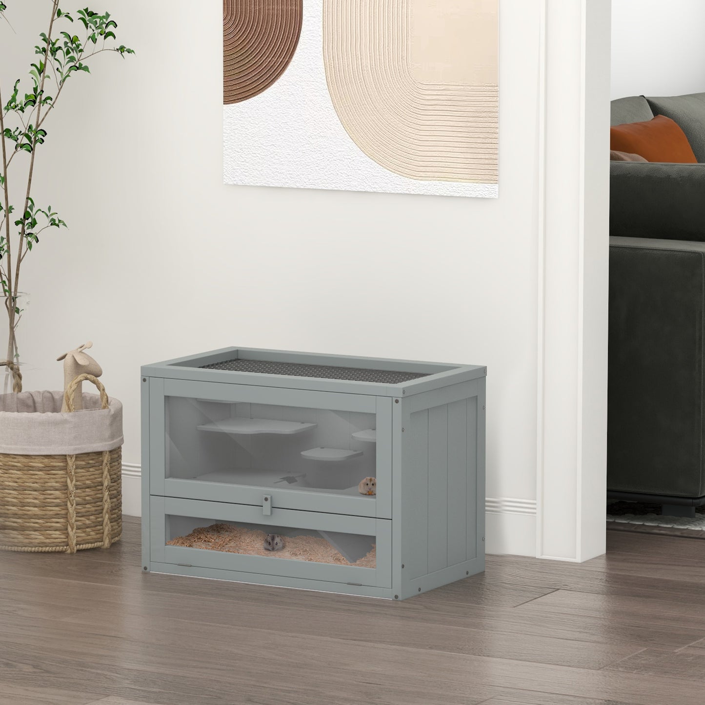Gray wooden hamster cage with glass doors and multiple levels for small pets