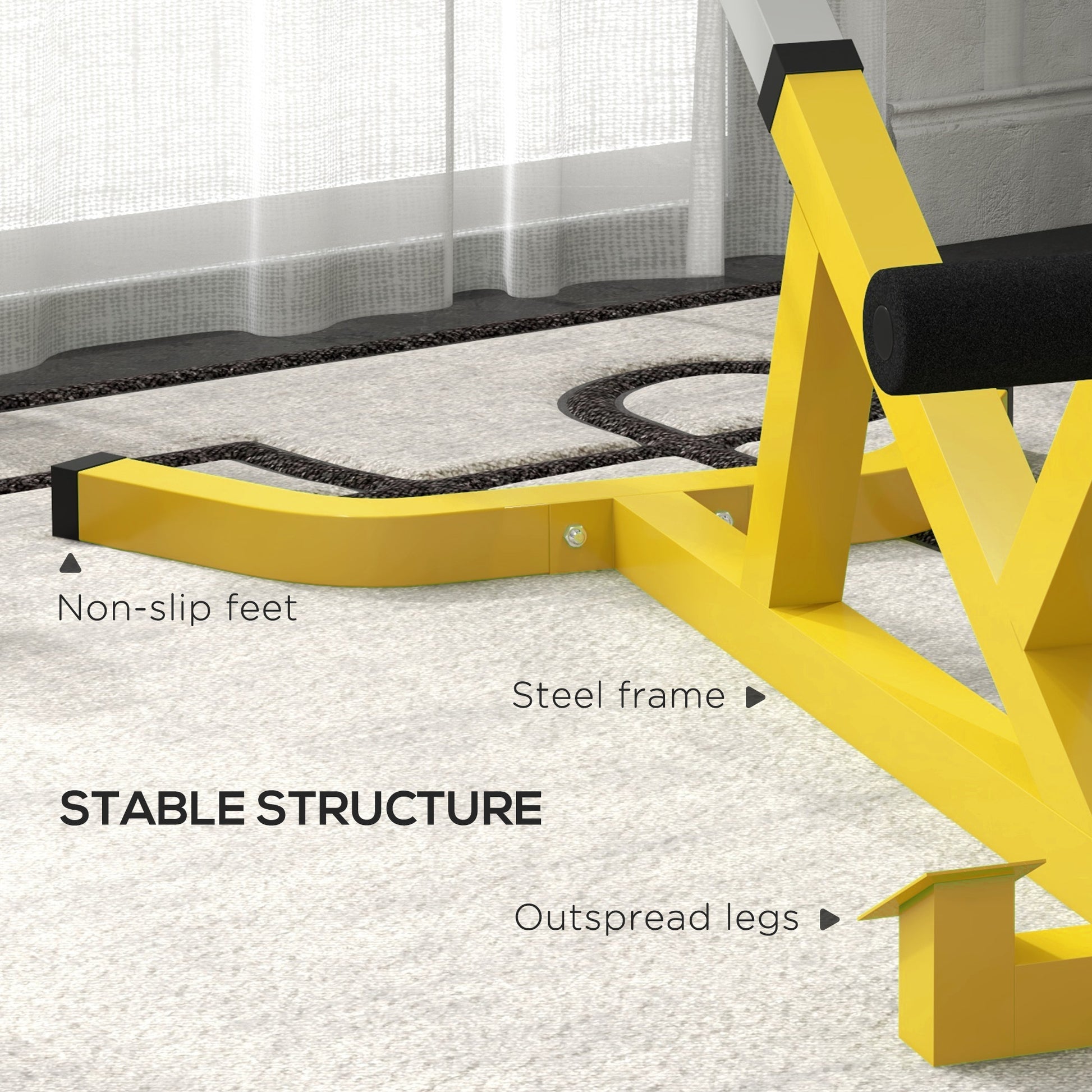 Yellow steel frame weight bench with nonslip feet for stability
