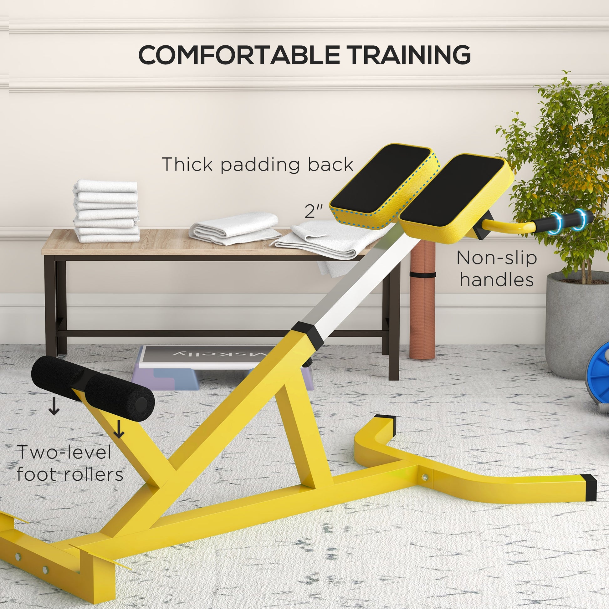 Yellow roman chair with thick padding and twolevel foot rollers for comfortable workouts