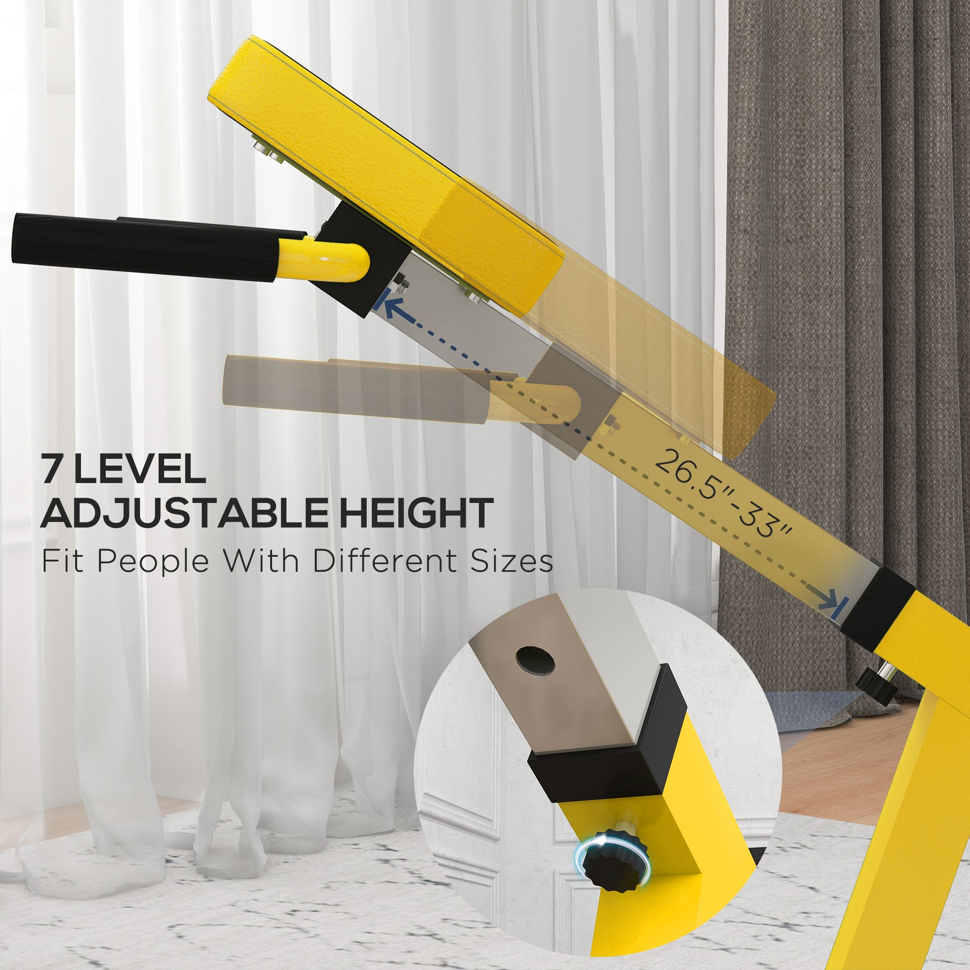 Yellow adjustable height fitness bench with black grips  range