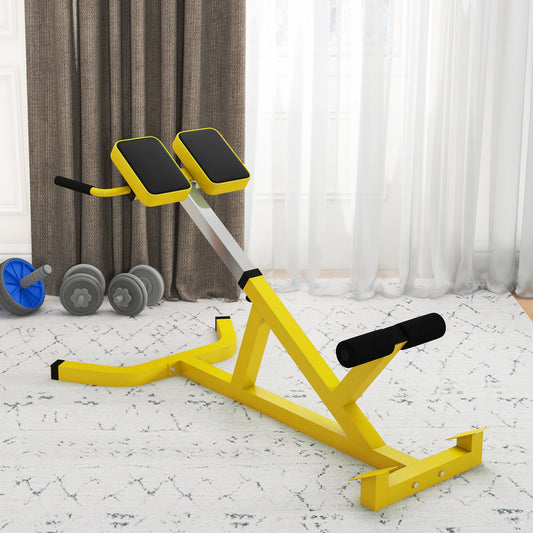 Yellow adjustable decline bench with black padded supports for home gym workouts