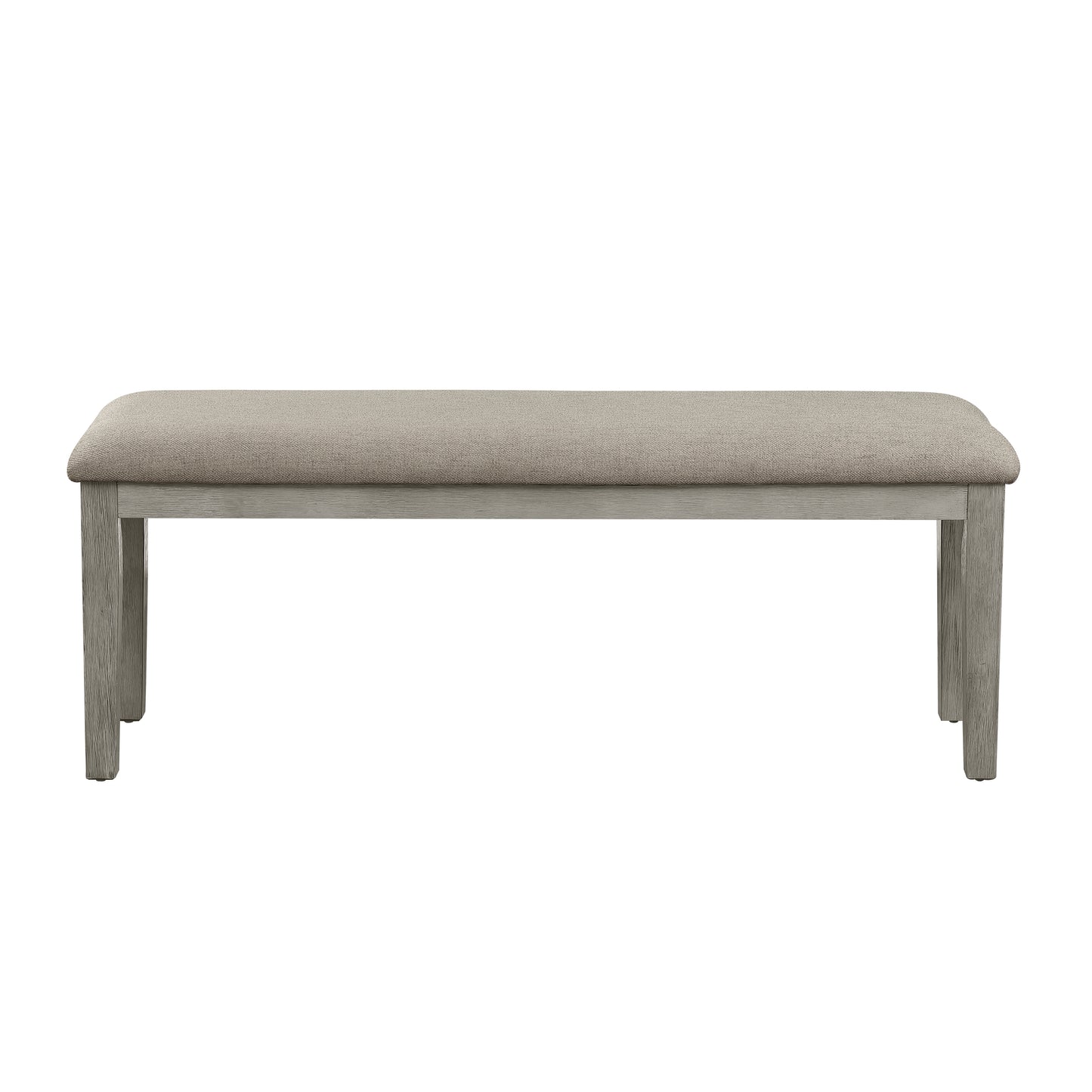 Neutral grey upholstered bench with light wood legs and subtle texture