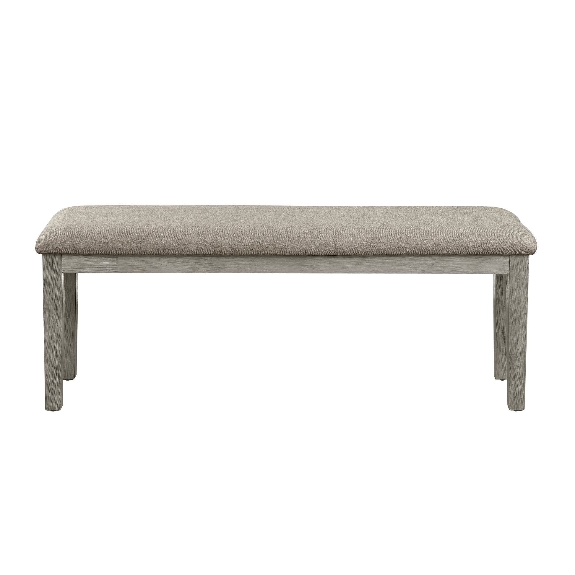 Neutral grey upholstered bench with light wood legs and subtle texture