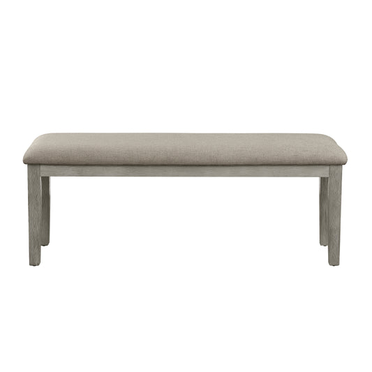 Neutral grey upholstered bench with light wood legs and subtle texture