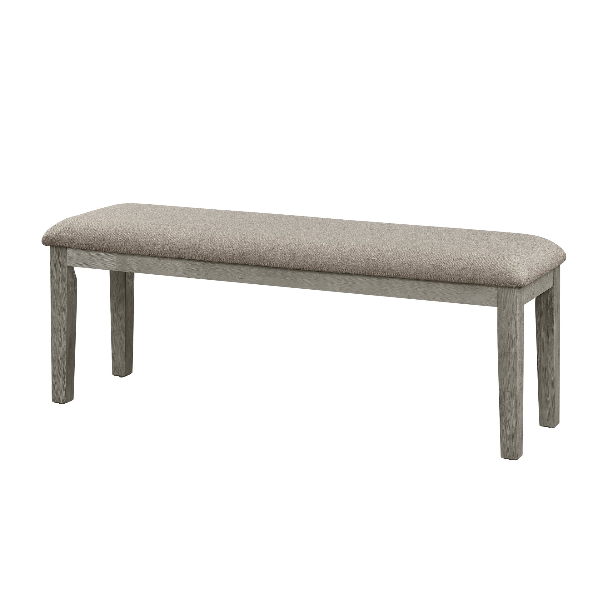Modern grey upholstered dining bench with natural wood legs