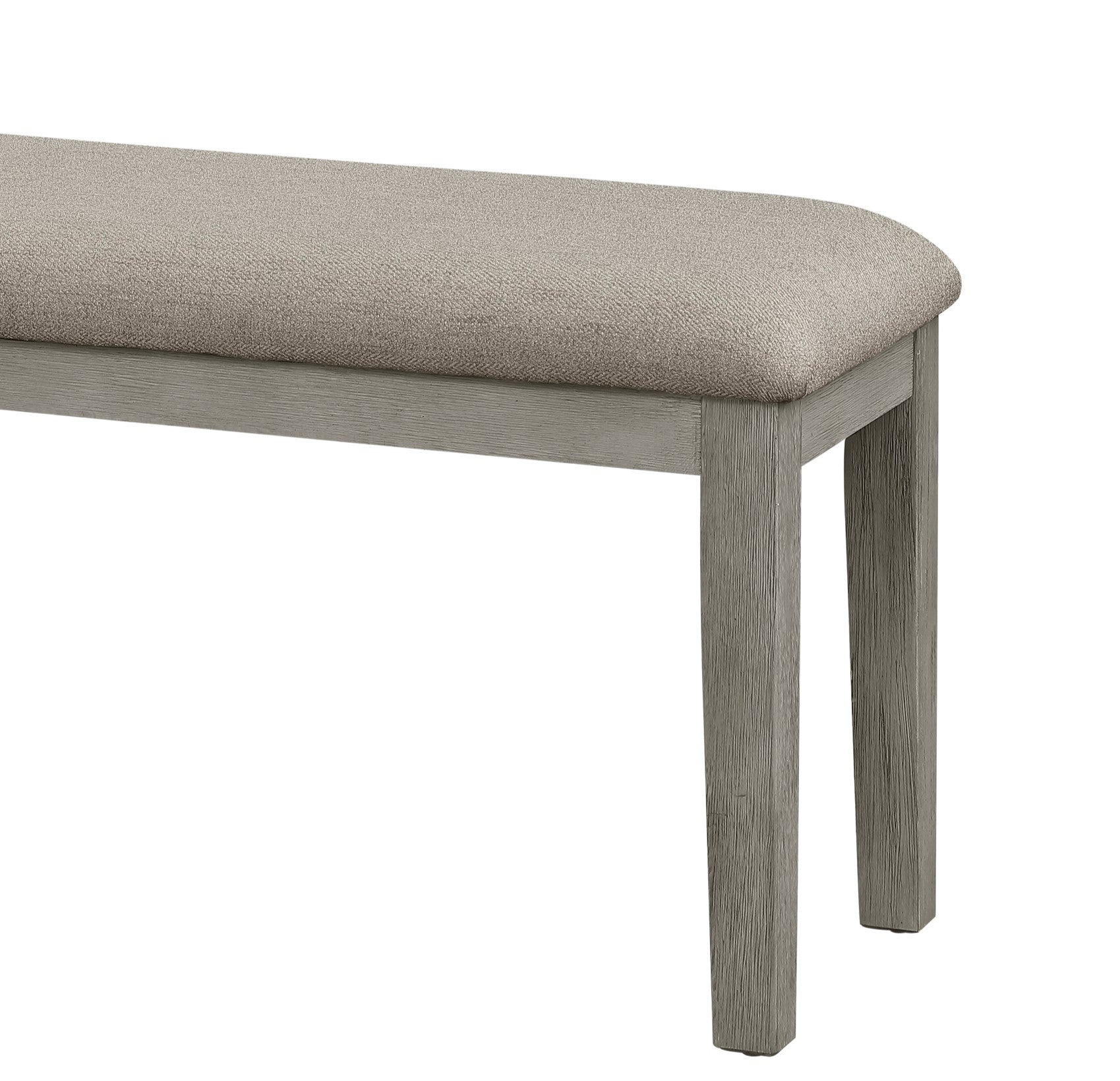 Textured grey upholstered bench with distressed wood legs