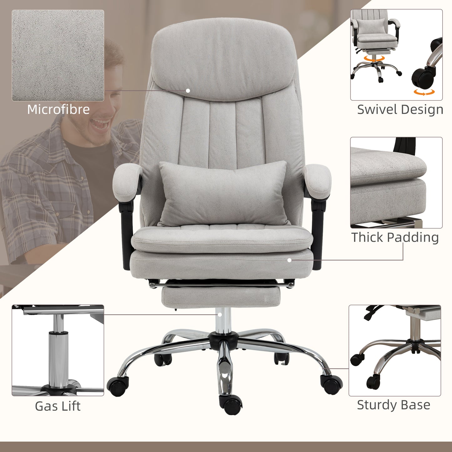 Light gray microfiber office chair with lumbar support pillow and footrest
