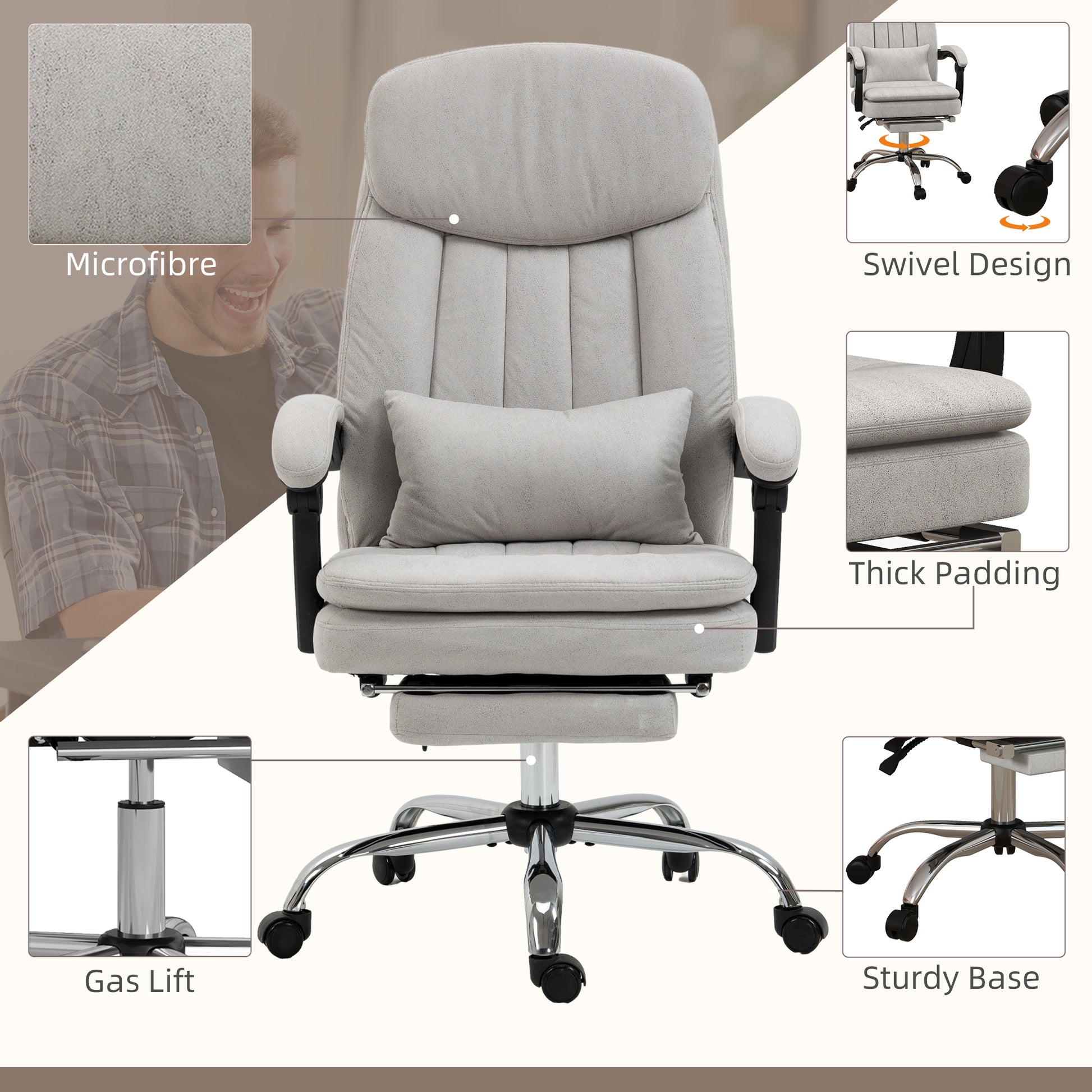 Light gray microfiber office chair with lumbar support pillow and footrest