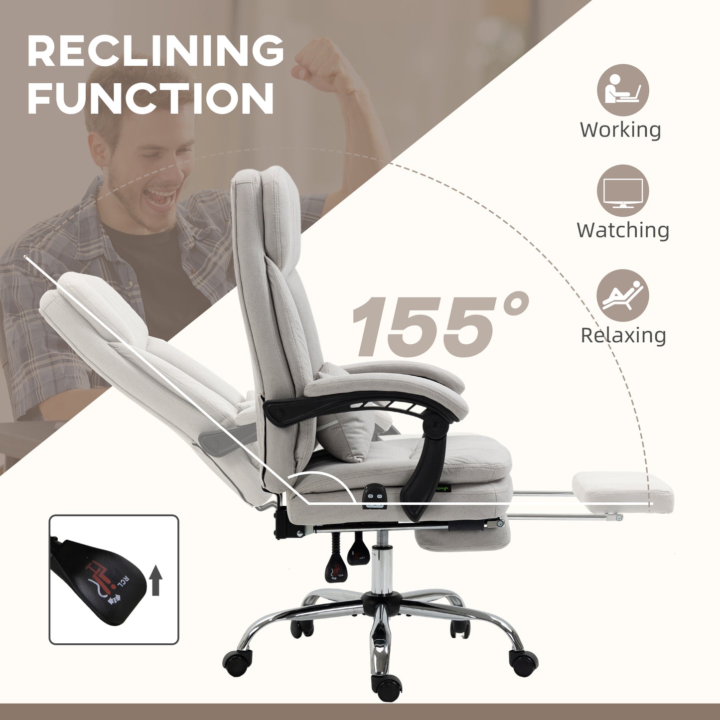 Light gray fabric ergonomic office chair with adjustable footrest and  recline