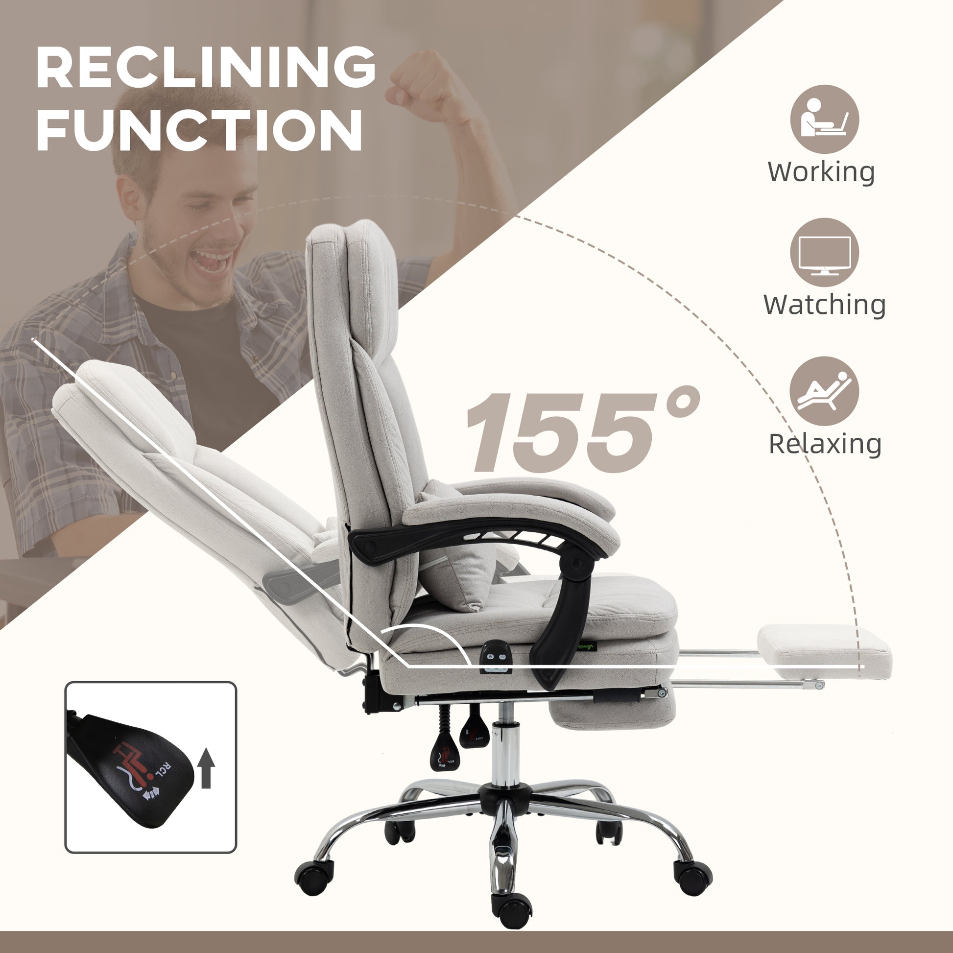 Light gray fabric ergonomic office chair with adjustable footrest and  recline