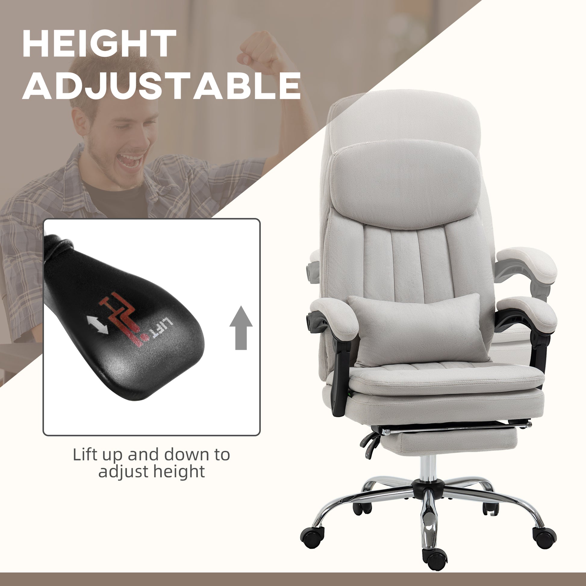 Grey ergonomic office chair with adjustable height lever and footrest