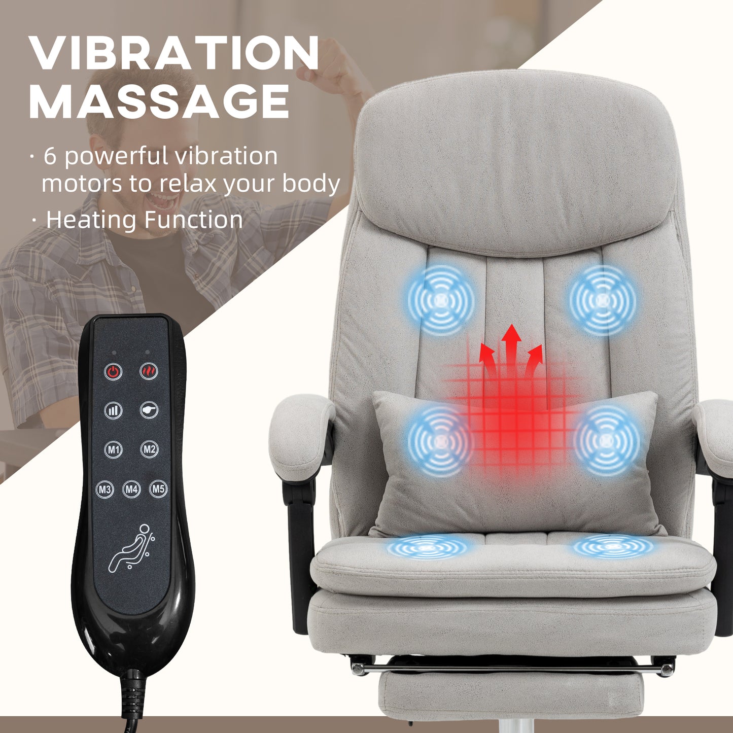 Light gray massage chair with heating function and  vibration motors