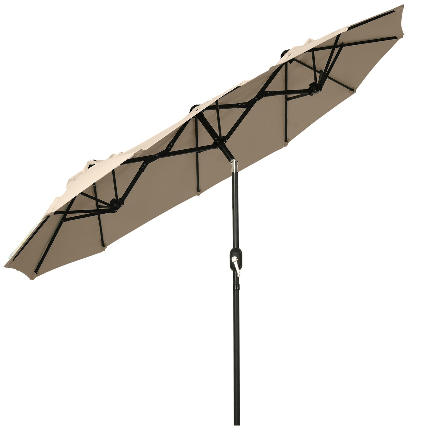 Tan rectangular patio umbrella with black metal frame and crank mechanism