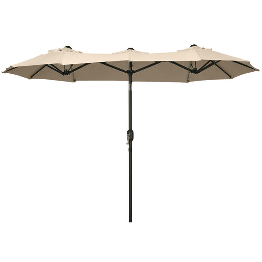 Tan double patio umbrella with black metal pole and crank mechanism for outdoor use