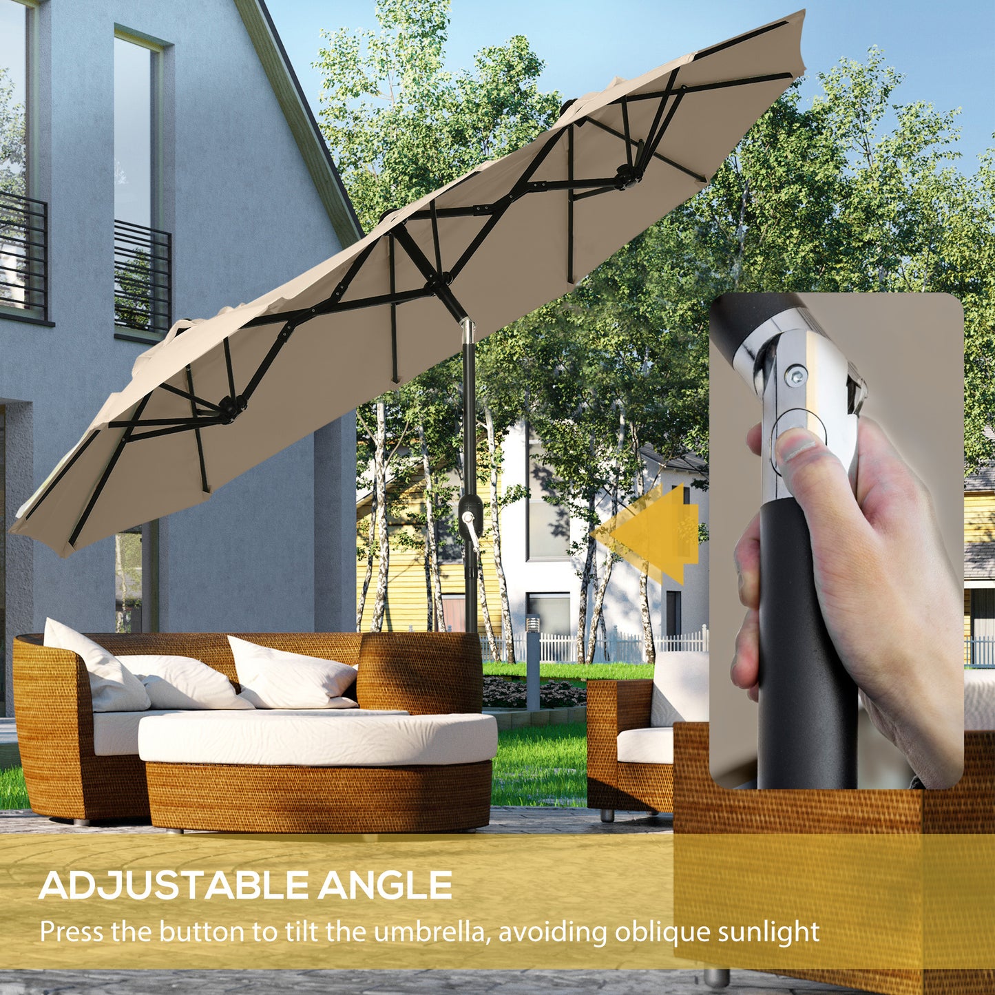 Tan double patio umbrella adjustable angle with hand shown operating crank