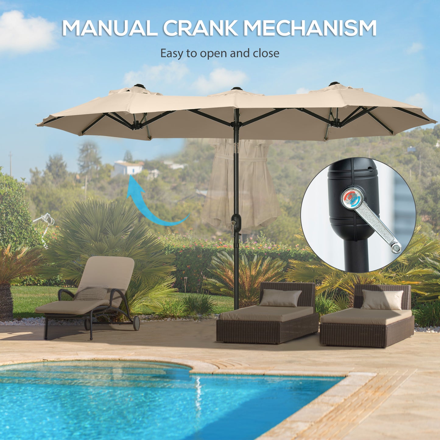Large beige patio umbrella with manual crank mechanism perfect for poolside relaxation