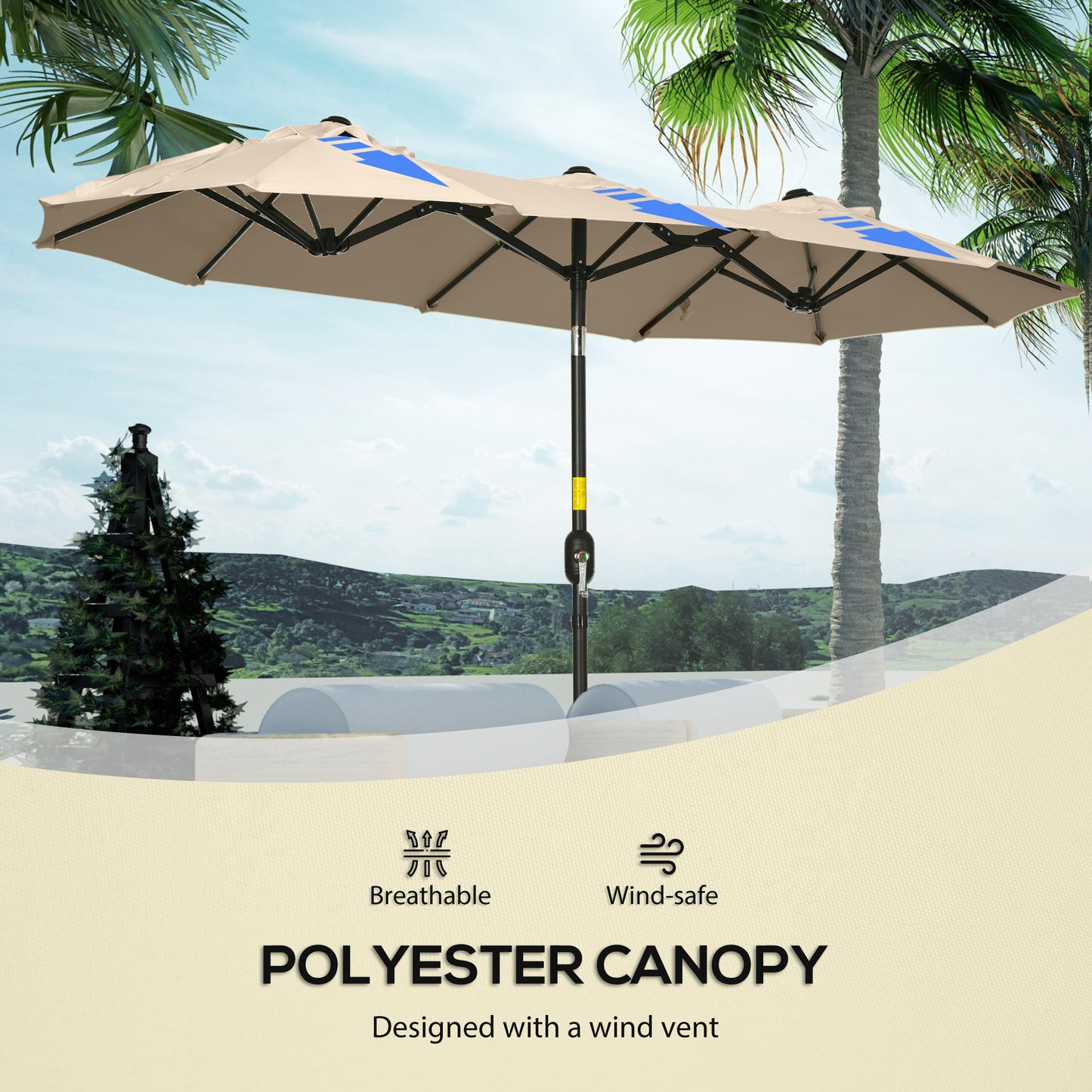 Tan double patio umbrella with blue accents open and supported by a black pole