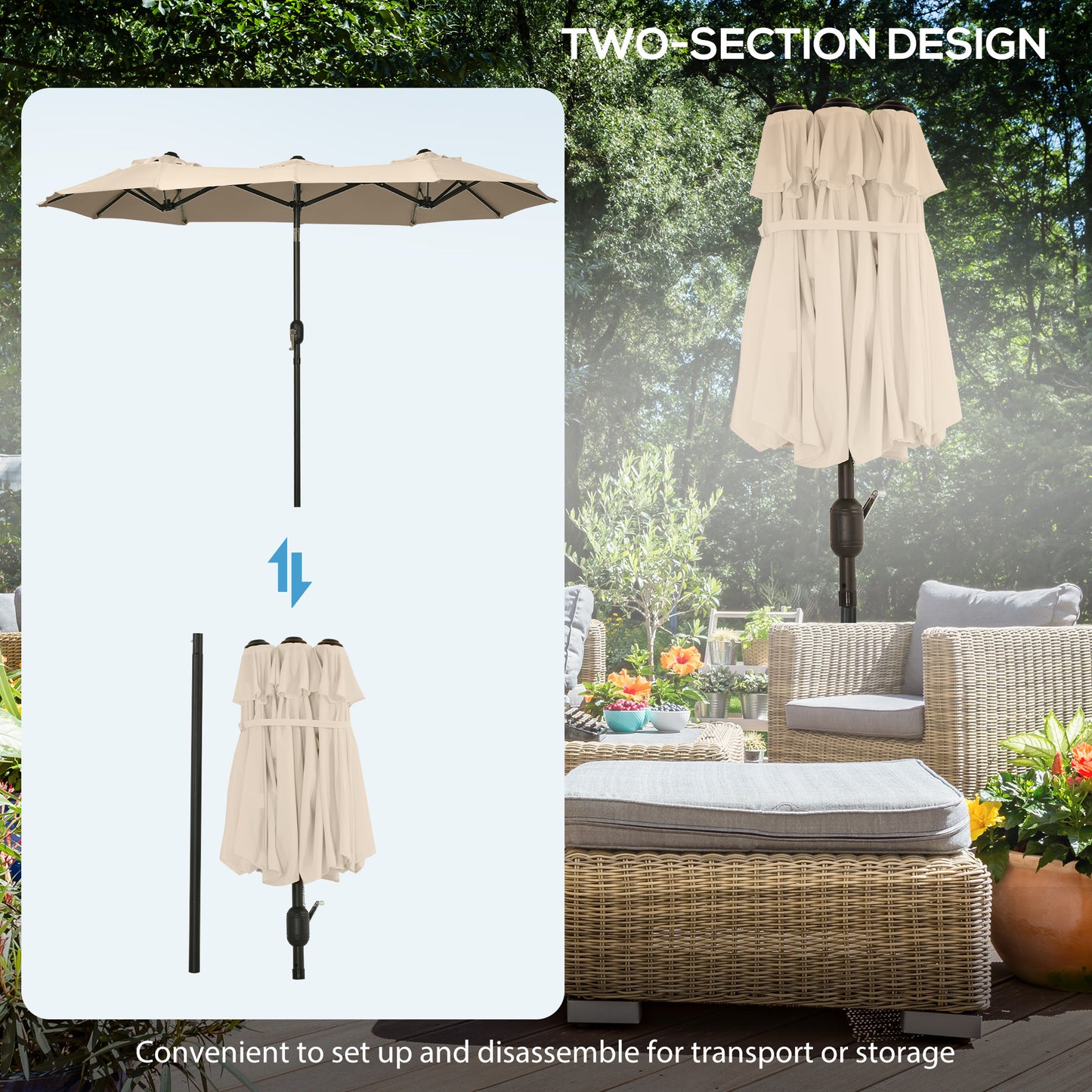 Beige double patio umbrella shown open for outdoor shade