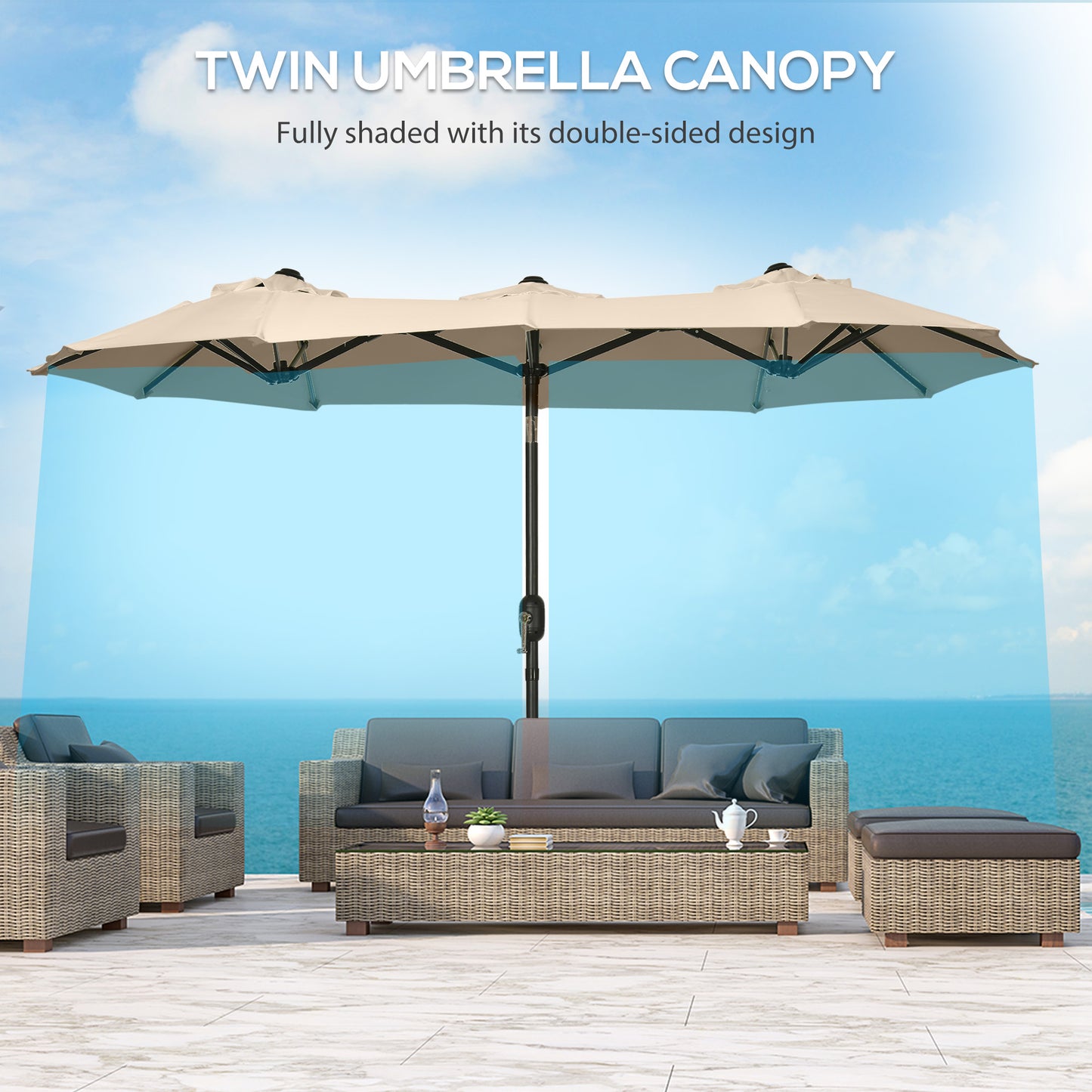 Beige doublesided twin umbrella canopy offering ample shade for outdoor furniture