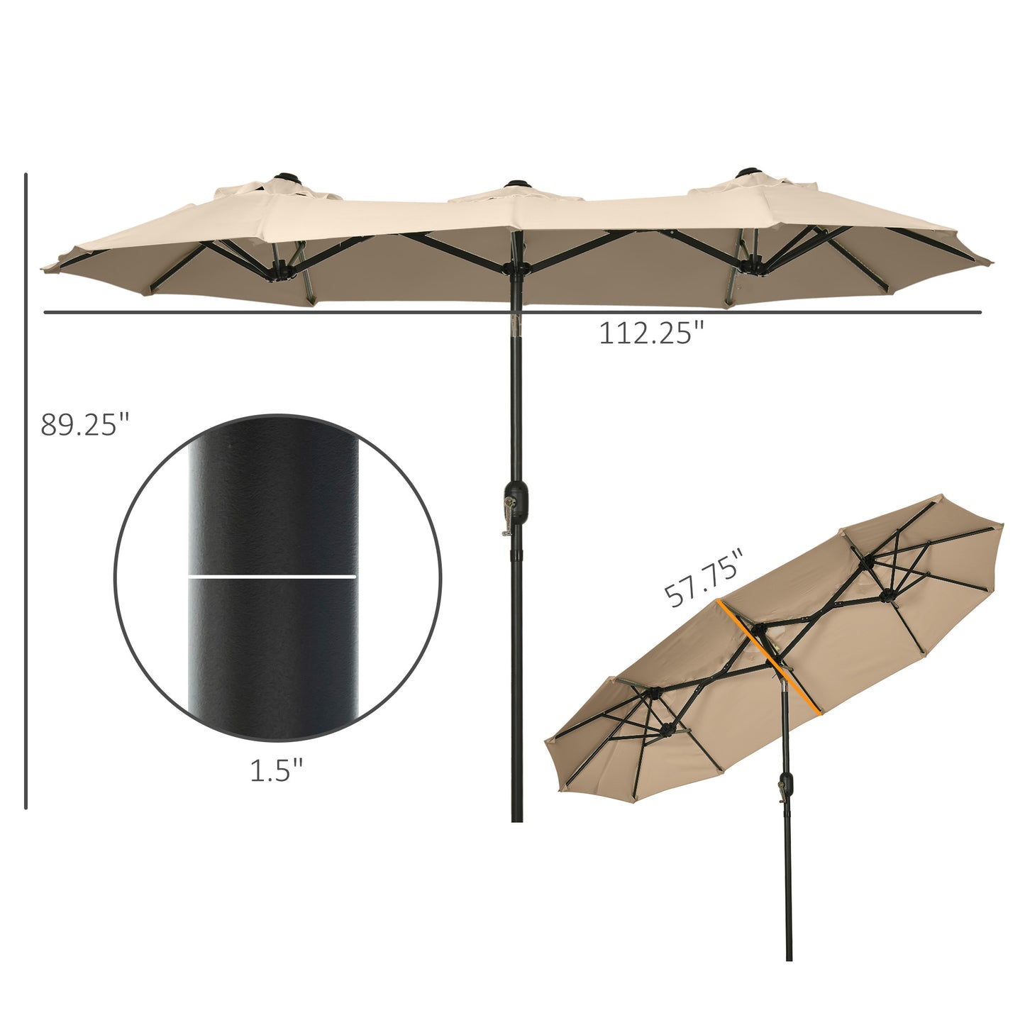Beige double patio umbrella with a  inch canopy and a  inch diameter pole