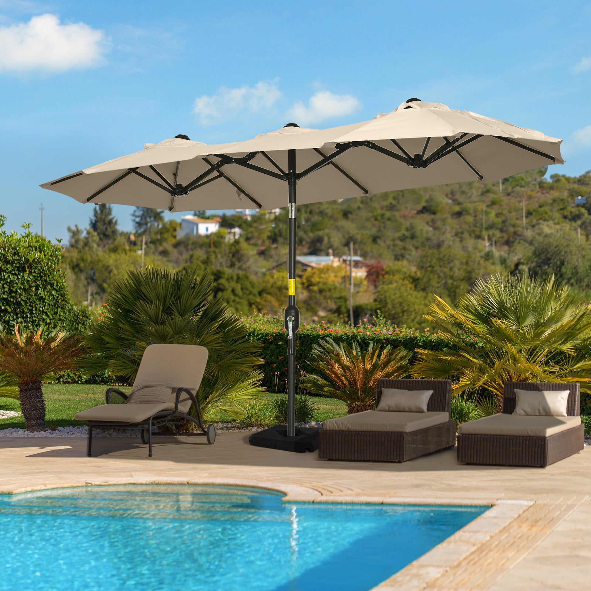 Large patio umbrella in beige offering dual shade for outdoor relaxation by the pool