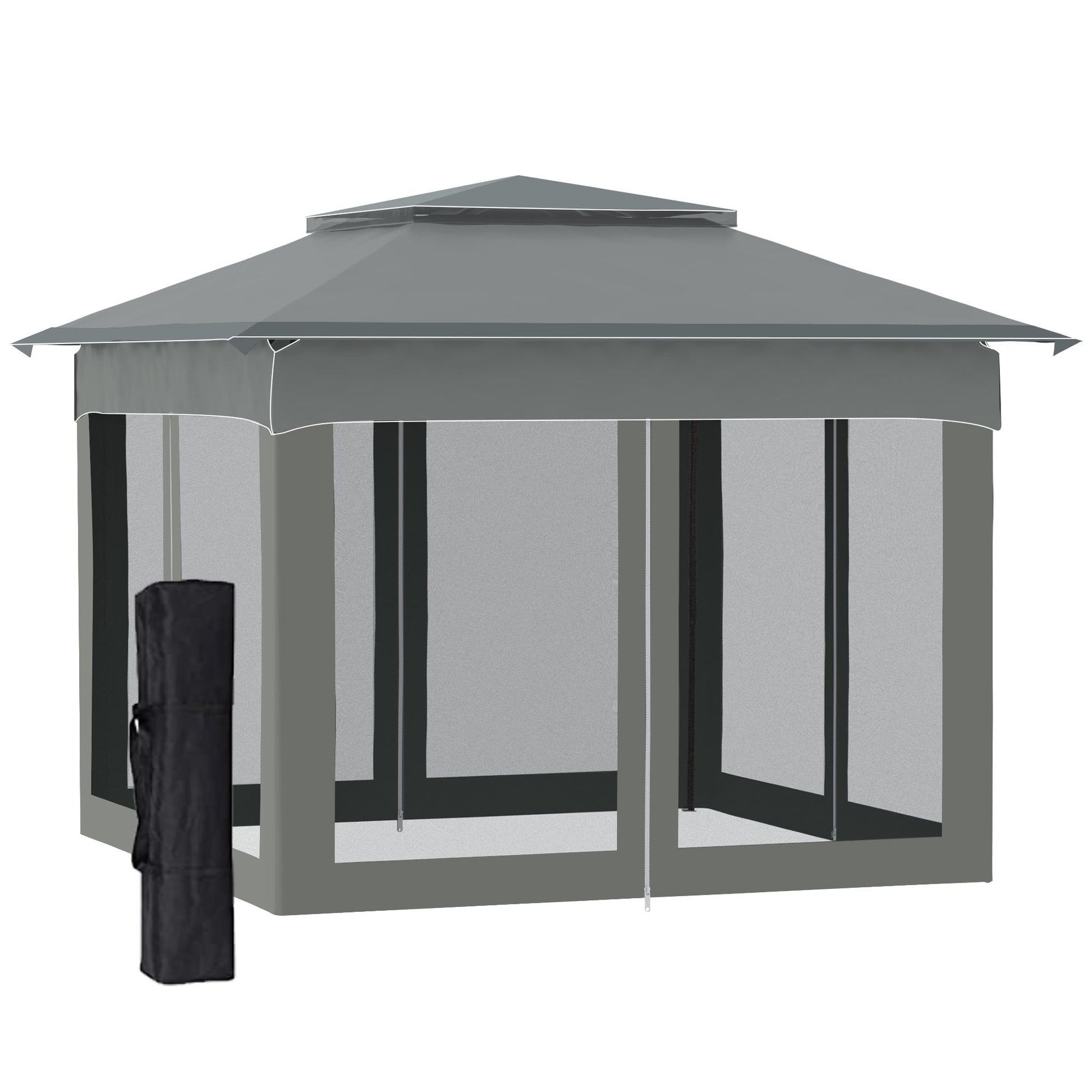 Gray screened gazebo with duallayer roof ideal for outdoor events