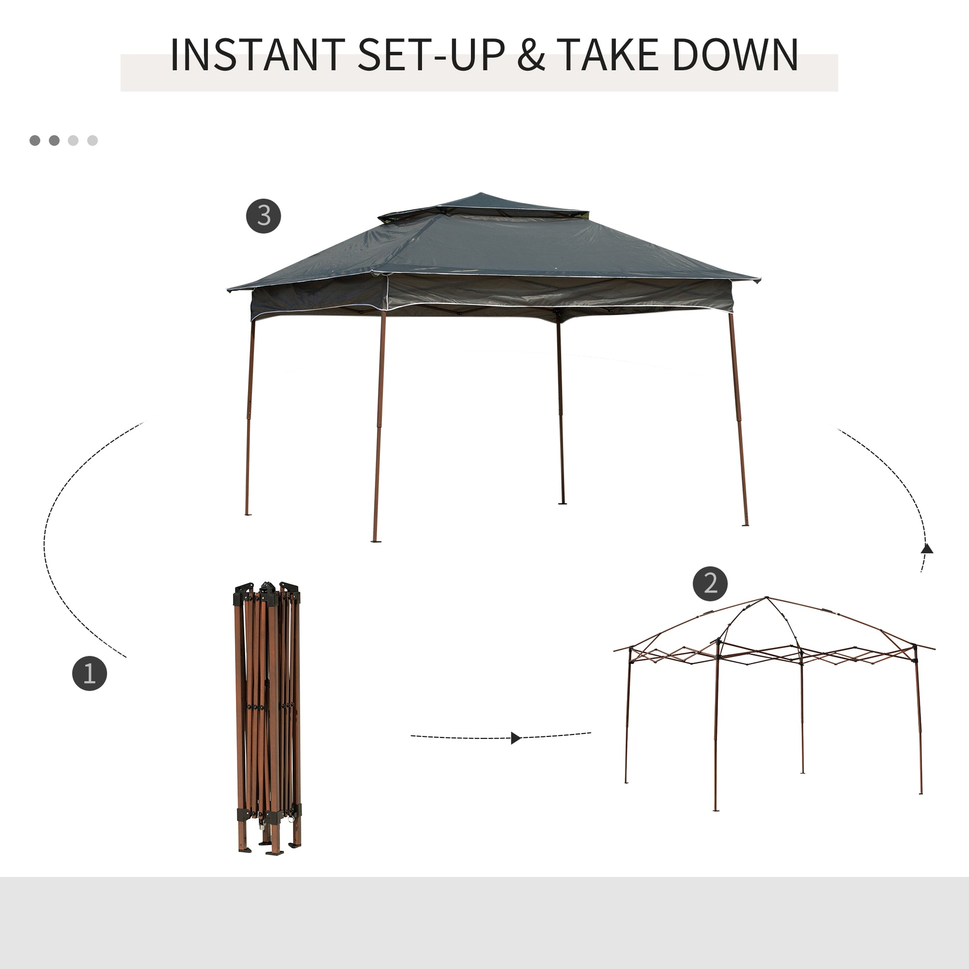 Dark gray instant canopy tent frame collapsed and set up for outdoor events