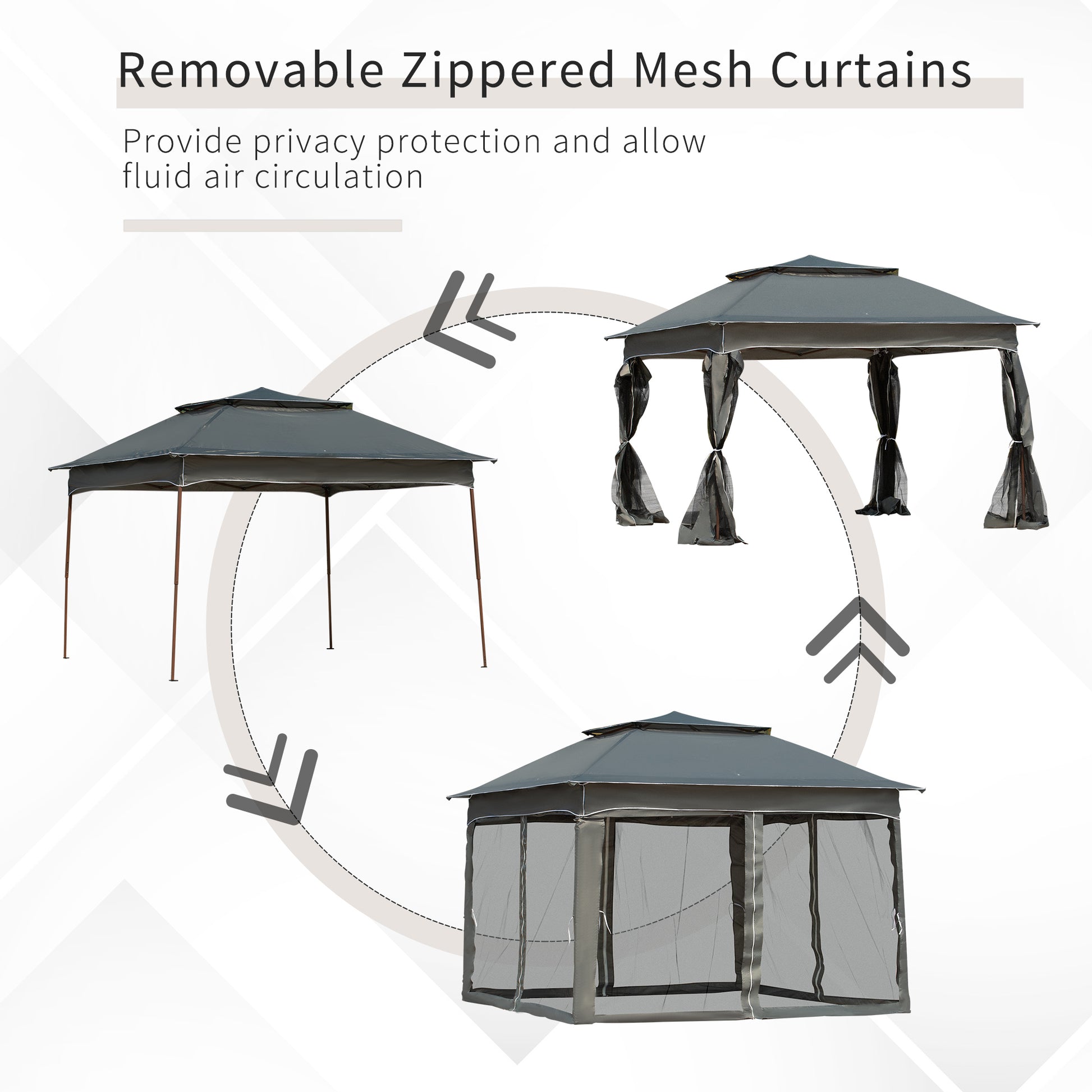 Dark grey zippered mesh gazebo curtains offer privacy protection and air circulation for outdoor living