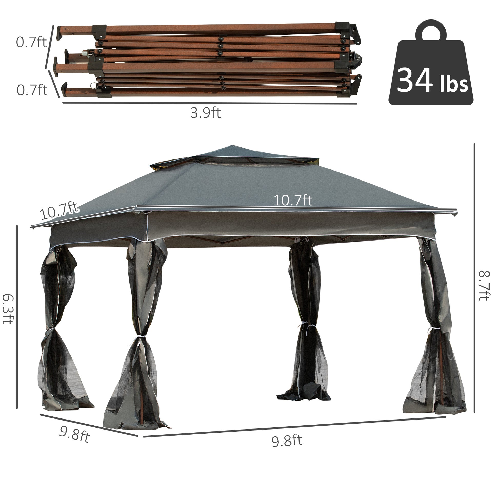 Gray ft outdoor canopy gazebo with mesh netting and folded frame shown