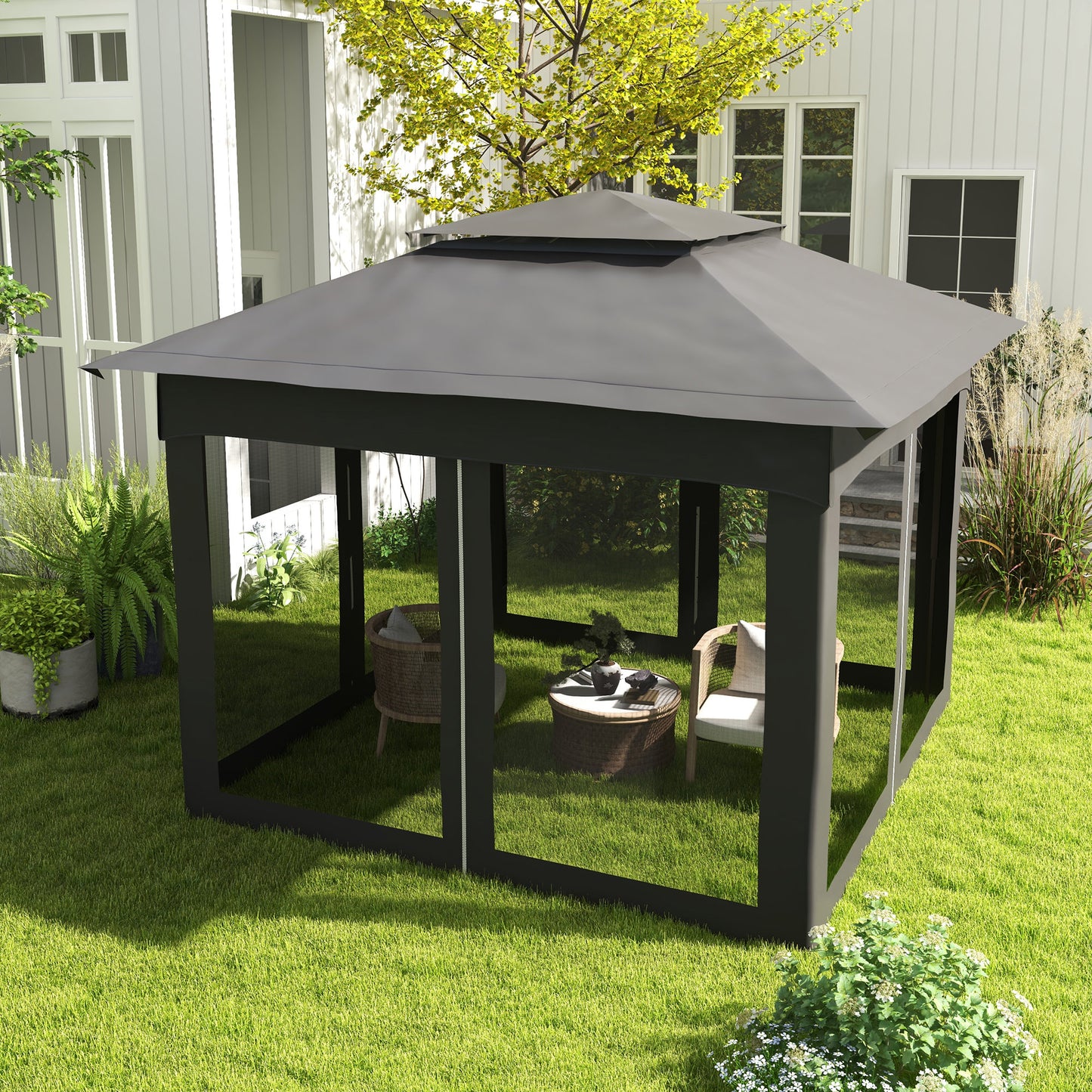 Grey modern gazebo with screen walls and pitched roof set on a green lawn