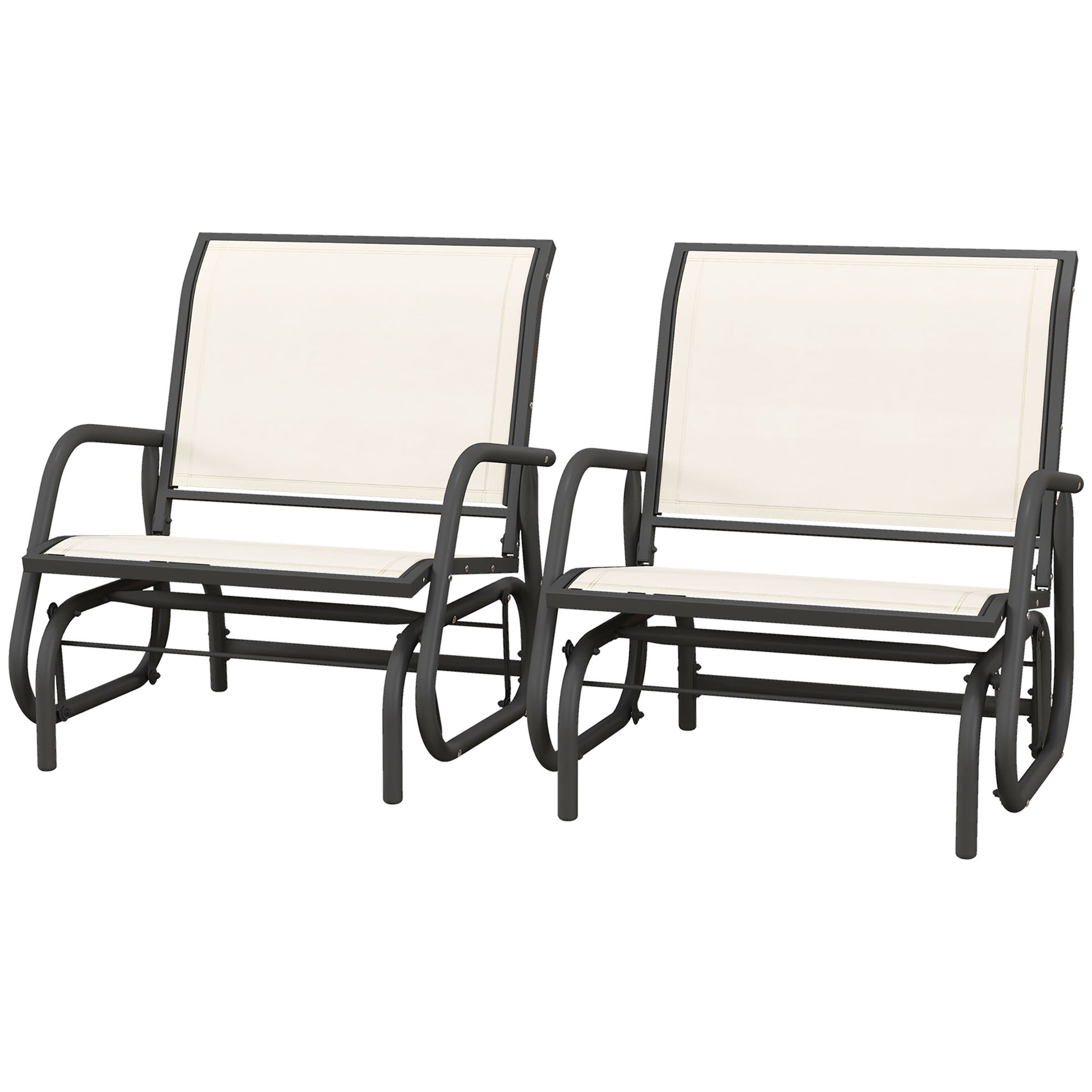 Two beige fabric glider chairs with dark grey metal frames perfect for outdoor relaxation