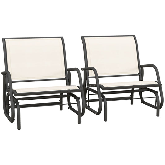 Two black metal outdoor glider chairs with cream fabric seats and backrests