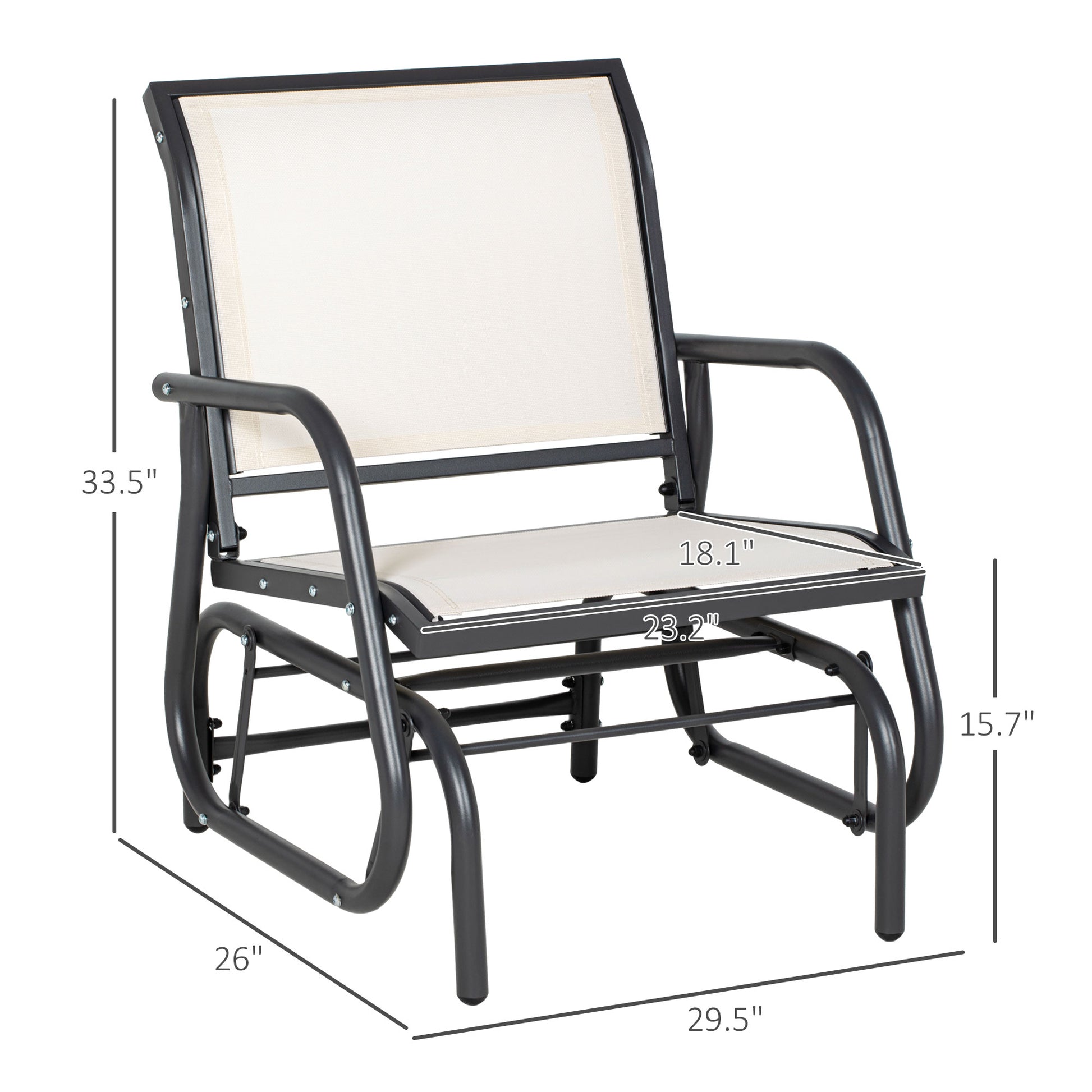 Gray metal patio glider chair with cream mesh seat and back