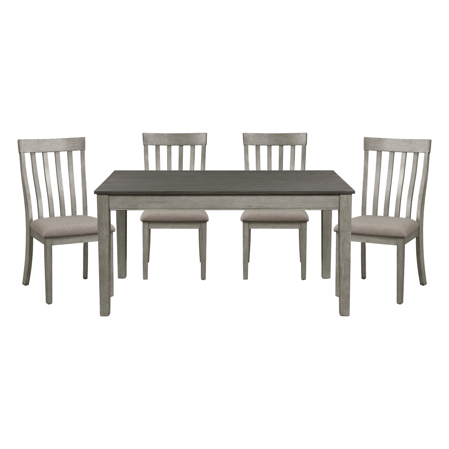 Gray wood dining table with upholstered chairs