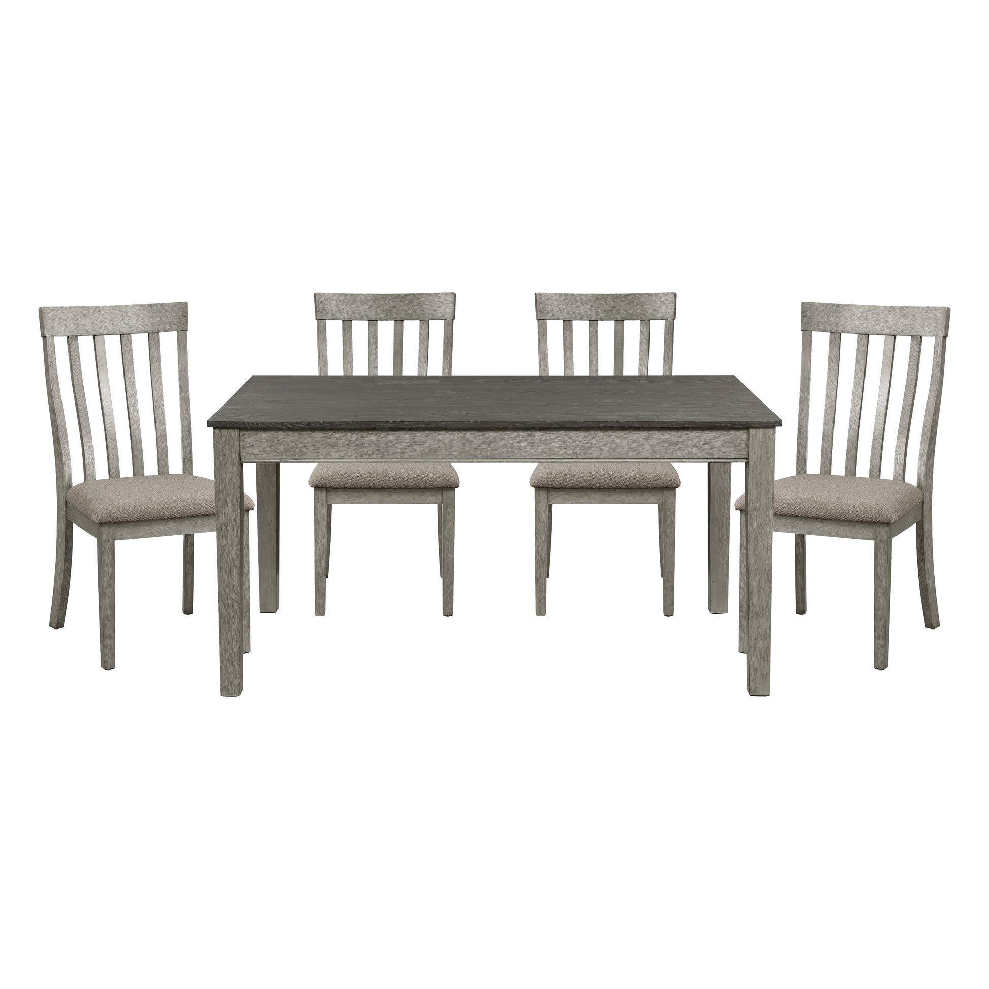 Gray wood dining table with upholstered chairs