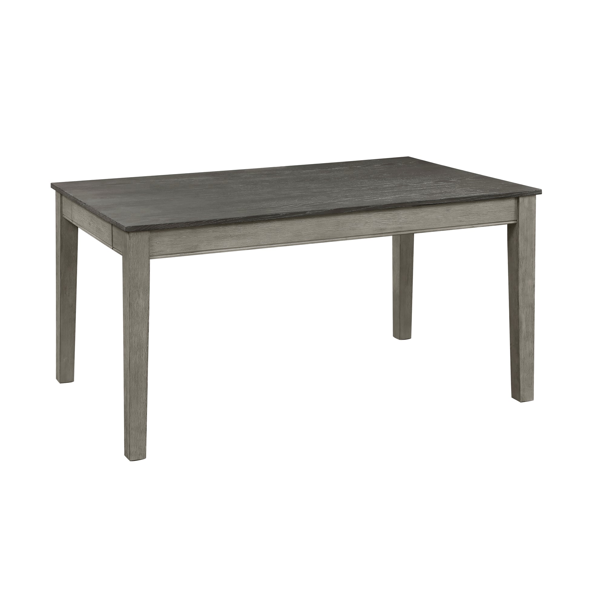 Rustic grey wood dining table with dark grey top and tapered legs